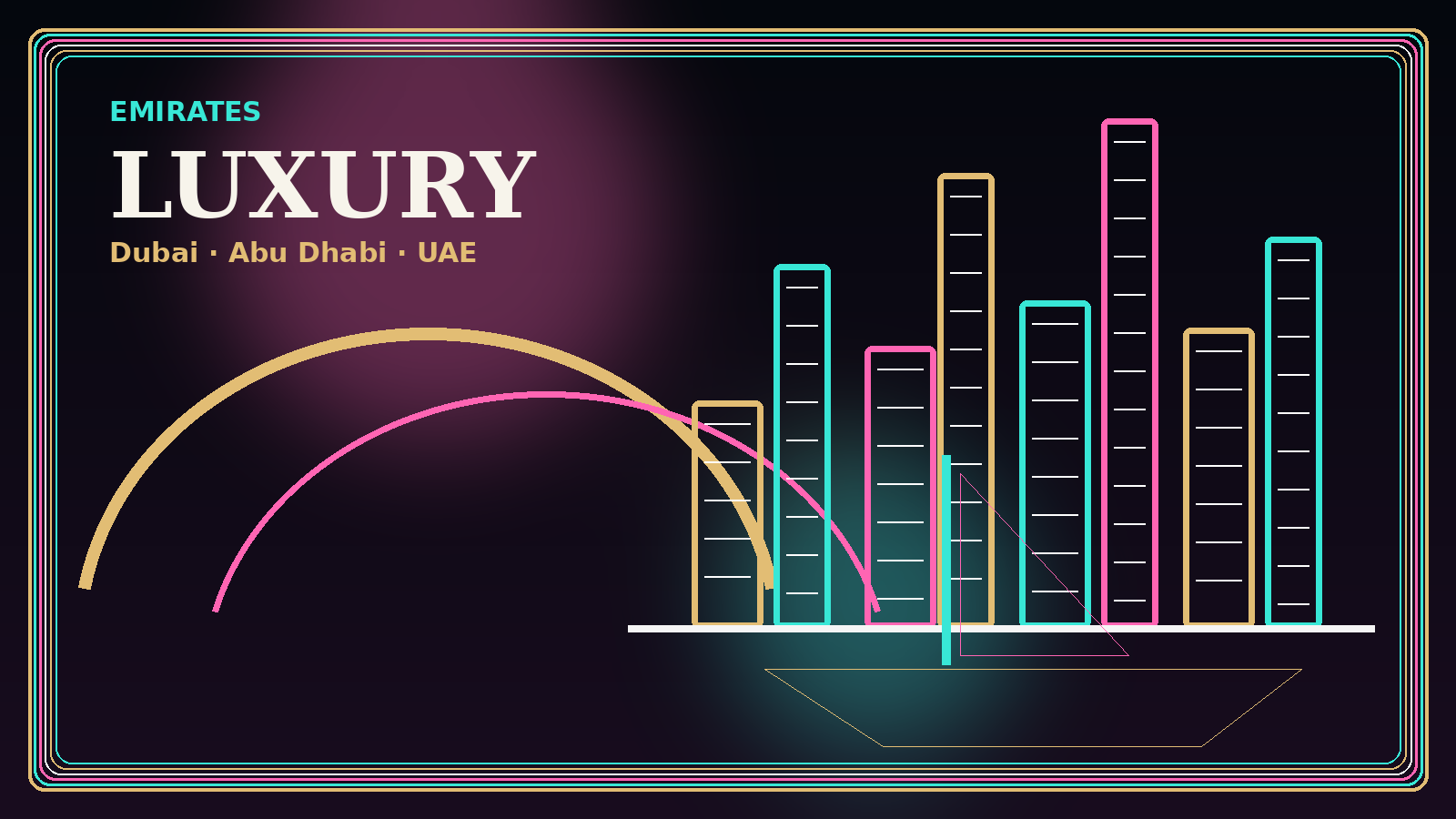 Abstract night illustration of UAE skylines, a yacht and desert-inspired arches